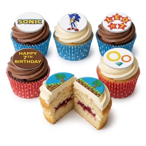 Assorted Sonic The Hedgehog cupcakes with character, logo, rings, and Green Hill Zone toppers.