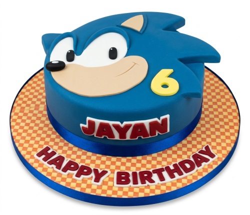 Blue Sonic the Hedgehog shaped birthday cake with custom age topper and checkered board.