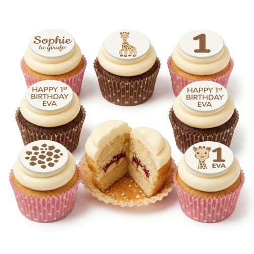 Sophie la Girafe themed 1st birthday cupcakes with giraffe toppers and polka dot cases.