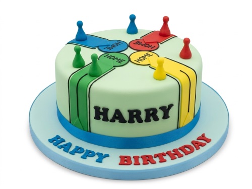 Round light green Ludo board game themed birthday cake with colourful paths and edible game pieces, with a personalised name and 'Happy Birthday' message.