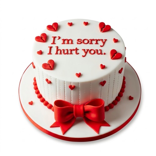 Two-tier white apology cake with red "I'm sorry I hurt you" message, red hearts, and a red bow.