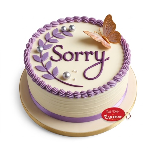 Round cream cake with purple 'Sorry' message, a bronze butterfly, purple leaves, and silver edible pearls.