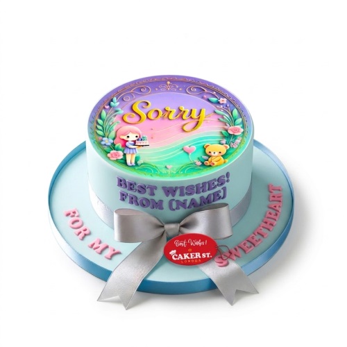 Round sorry cake with cute girl character, teddy bear, flowers, and personalised message.