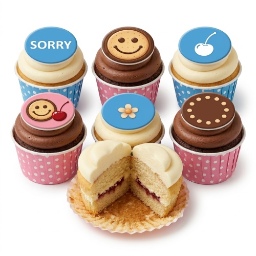Selection of cupcakes with 'SORRY' message, smiley biscuit, cherry, flower, and chocolate disc toppers.