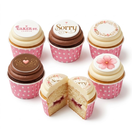 Assortment of sorry cupcakes with white and chocolate frosting, decorated with floral and heart toppers.