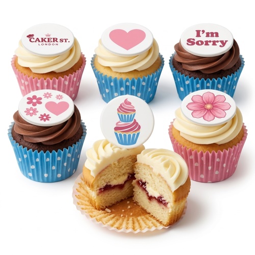 Round chocolate sorry cupcakes with pink heart on top, floral border, and 'I'M SORRY' message.