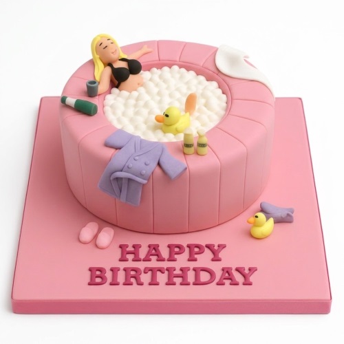 Pink round cake shaped like a hot tub with a woman figurine, rubber ducks, bathrobe, and slippers.