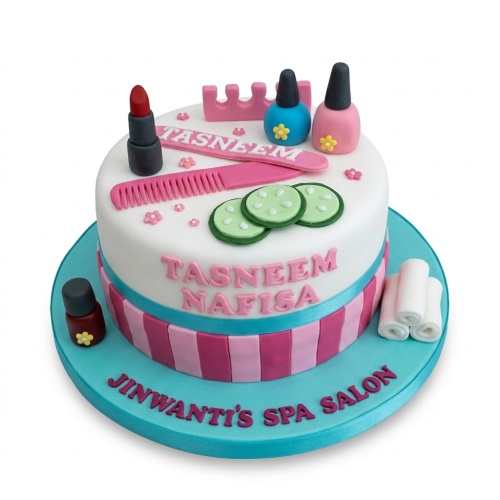 Round white cake with pink and turquoise stripes, decorated with edible lipstick, nail polish, comb, nail file, cucumber slices, and rolled towels.
