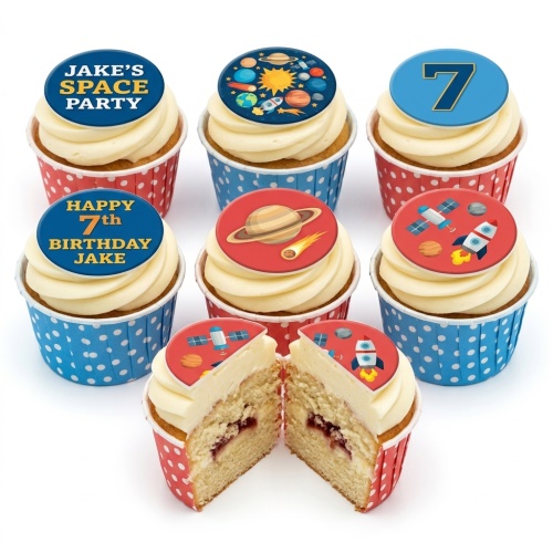 Vanilla cupcakes with space theme toppers, featuring planets, rockets, and a custom age number.