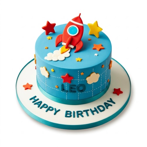 Blue round cake with a red rocket, colourful stars, and white clouds. Personalised name and Happy Birthday message.