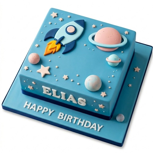 Blue two-tier space themed birthday cake with a rocket, planets, and stars decoration.