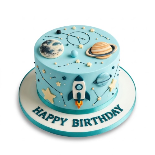 Light blue space-themed birthday cake with planets, stars, and a rocket ship.