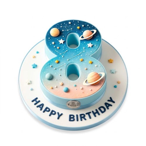 Blue and peach gradient space theme number cake with planets, stars, and constellations.