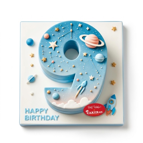 Blue custom age number cake with space theme, rockets, planets, and gold stars.