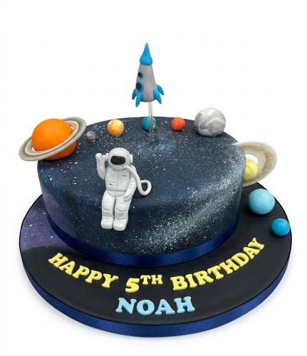 Space themed birthday cake with astronaut, rocket, planets, and galaxy design.