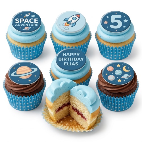 Assortment of space-themed cupcakes with blue and brown frosting, featuring rocket, planet, and custom age toppers.