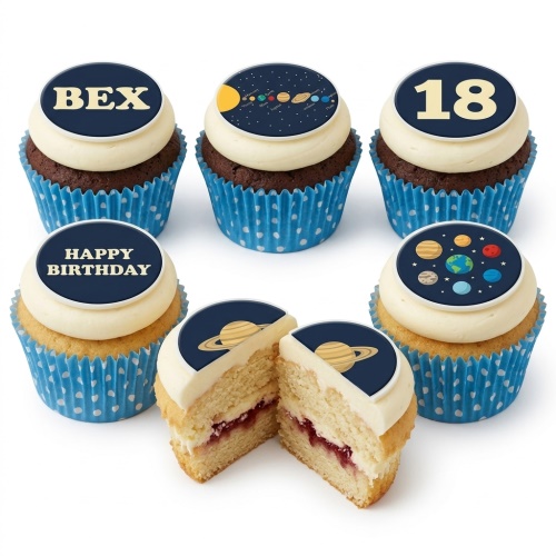 Space theme cupcakes with planet and solar system toppers, some with custom age and name examples.