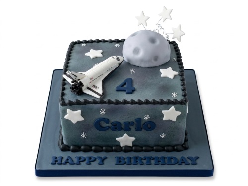 Square blue space-themed birthday cake with a white space shuttle, grey moon, and white stars, with a custom age number.