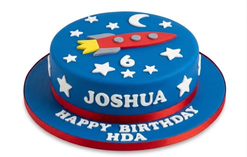 Blue round rocket birthday cake with red rocket, white stars, moon, and custom age number.