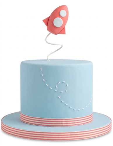 Single-tier light blue cake with a coral rocket topper and striped ribbon.