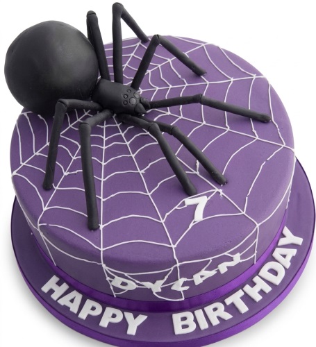 Round purple cake with a black 3D spider and white spiderweb design, with a custom age.