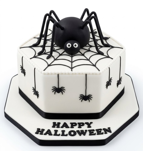 White hexagonal Halloween cake with a large black spider on top, spiderwebs, and smaller spiders on the sides, with 'Happy Halloween' written on the board.