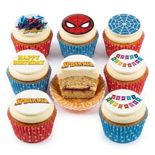 Set of Spider-Man themed birthday cupcakes with various Spider-Man toppers, spider web, and 'Happy Birthday' messages in red and blue cases.
