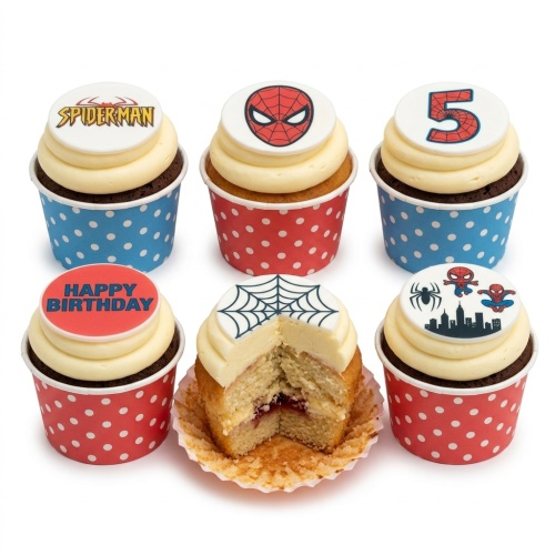 Six Spiderman themed cupcakes with white frosting, red and blue polka dot wrappers. Toppers include Spiderman logo, mask, web, characters, "Happy Birthday" and number 5.
