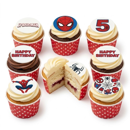 Spiderman themed cupcakes with superhero logos, character designs, and an age number topper.