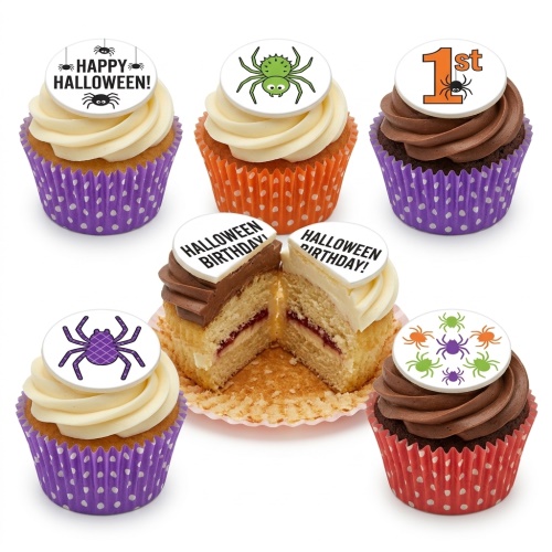 Assorted Halloween cupcakes with white and chocolate frosting, decorated with various spider edible toppers and 'Happy Halloween!' message.