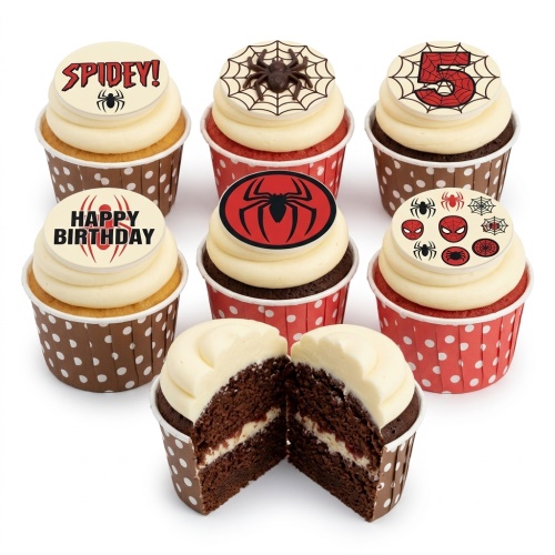 Spiderman themed cupcakes with white frosting, red and black toppers, and a custom age '5' example.