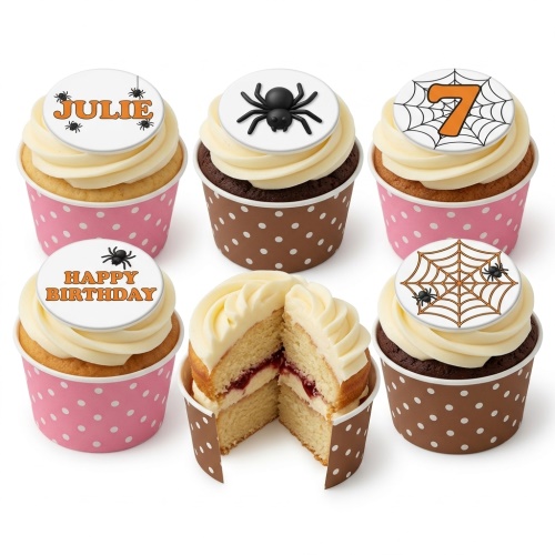 Assorted cupcakes with white frosting, spider and spiderweb toppers, custom age 7, and personalised name Julie.