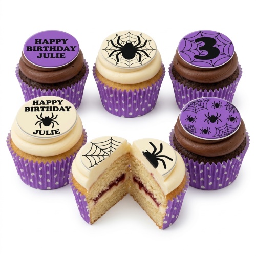 Six spider and spiderweb themed cupcakes with purple wrappers, some with custom age and name toppers.