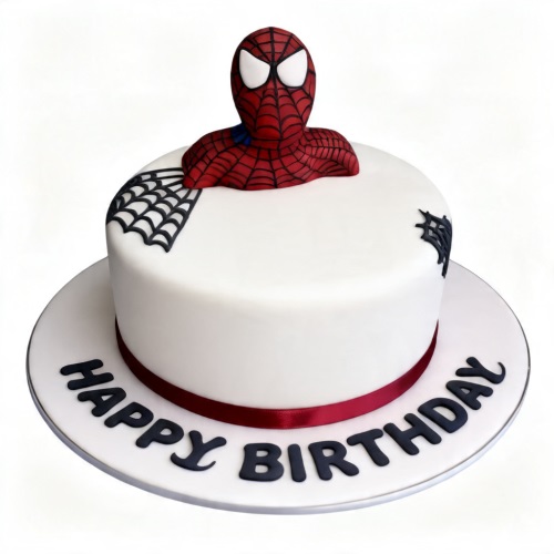 White round Spiderman birthday cake with red Spiderman bust topper and black web details.