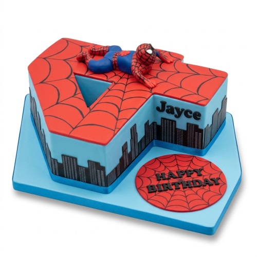Spiderman themed number cake with a Spiderman figure, web design, and city skyline.