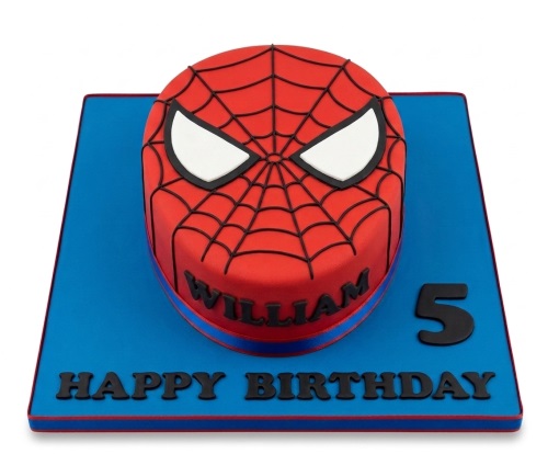 Red Spider-Man mask shaped birthday cake with black web details, white eyes, on a blue board with a custom age topper and personalised message.