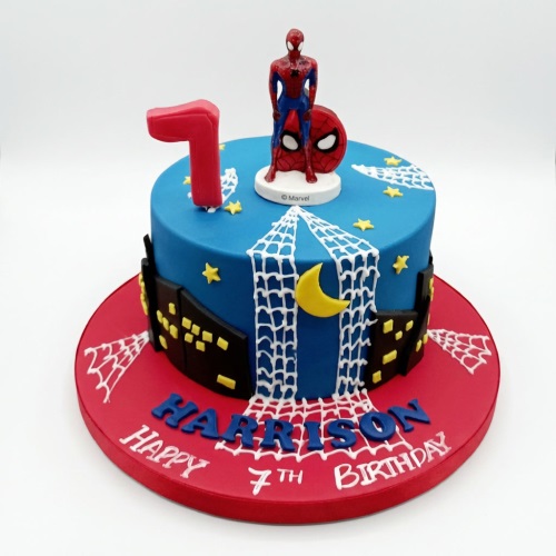 Round blue Spiderman birthday cake with figurine, cityscape, web, stars, moon, and custom age topper.