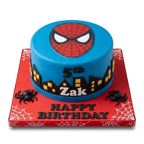 Round blue Spiderman birthday cake with red board, city skyline, spiders, and custom age and name.