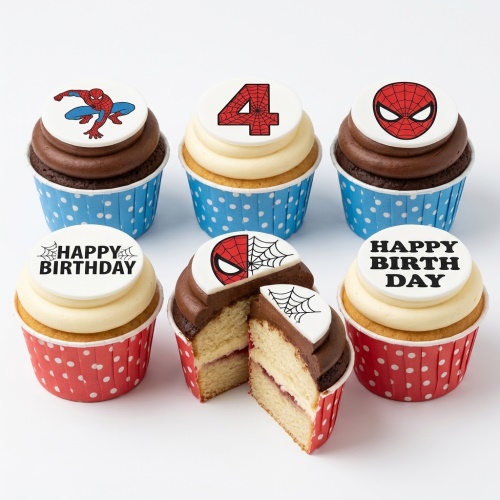Spiderman themed cupcakes with chocolate and vanilla frosting, featuring Spiderman, his mask, a custom age number, and 'Happy Birthday' toppers.