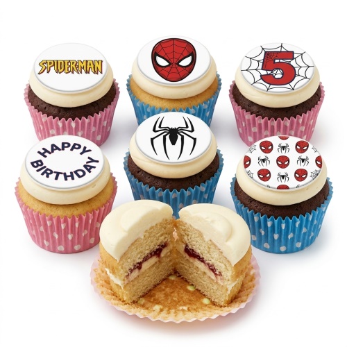 Spiderman themed birthday cupcakes with various Spiderman logos and a custom age topper.