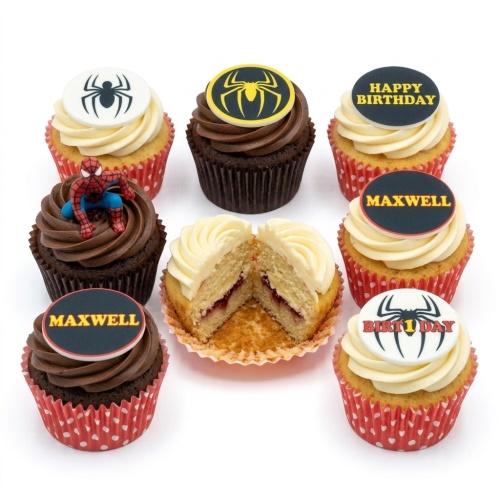 Spiderman themed birthday cupcakes with spider logos and a Spiderman figurine.