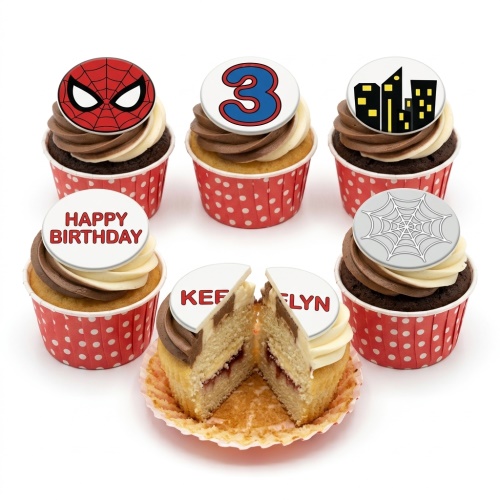Spiderman mask, custom age, city skyline, spiderweb, and Happy Birthday toppers on chocolate and vanilla cupcakes with red polka dot wrappers.