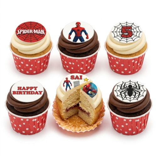 Spiderman themed birthday cupcakes with red and white polka dot cases, featuring Spiderman logo, character, spiderweb with number 5, and Happy Birthday message.