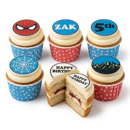 Spiderman themed birthday cupcakes with mask, web, city skyline, custom name, and age toppers.