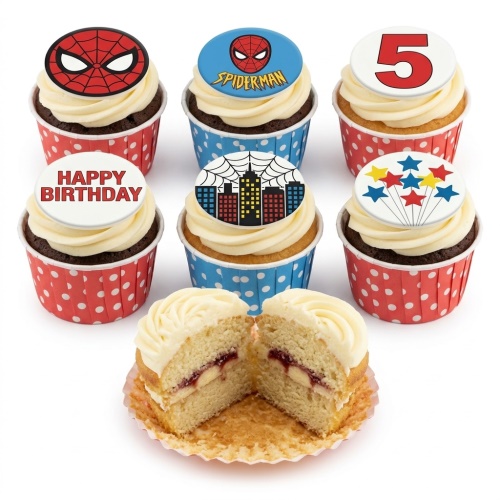 Spiderman themed birthday cupcakes with white frosting, red and blue liners, and custom age topper.