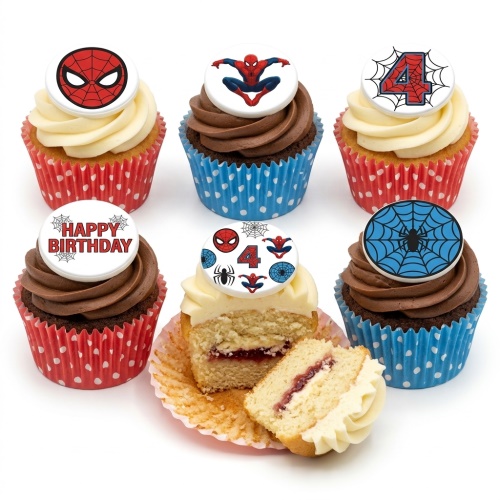 Spiderman themed birthday cupcakes with various Spiderman designs, spider webs, and a custom age '4' topper.