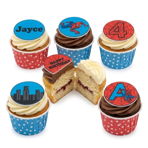 Spiderman themed birthday cupcakes with vanilla and chocolate frosting, featuring custom name and age toppers.