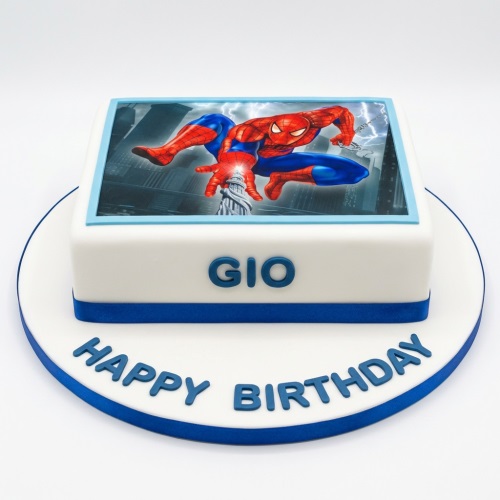 Square white Spiderman birthday cake with an edible image and blue personalised message.