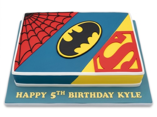 Rectangular superhero birthday cake for boys with Spider-Man, Batman, and Superman logos, on a blue cake board.