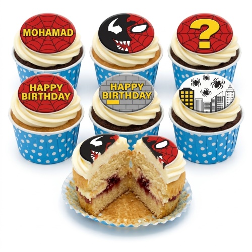 Spiderman and Venom themed cupcakes with white frosting, blue polka dot cases, and custom toppers.